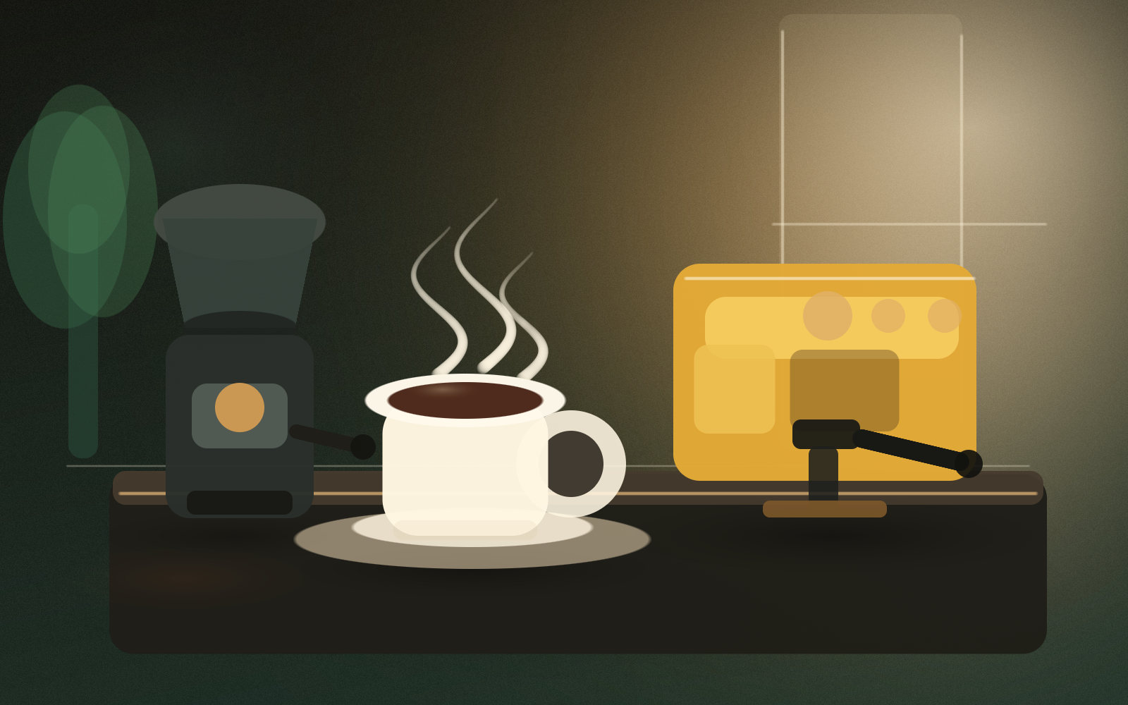 A warm coffee bar with a fresh cup and espresso equipment